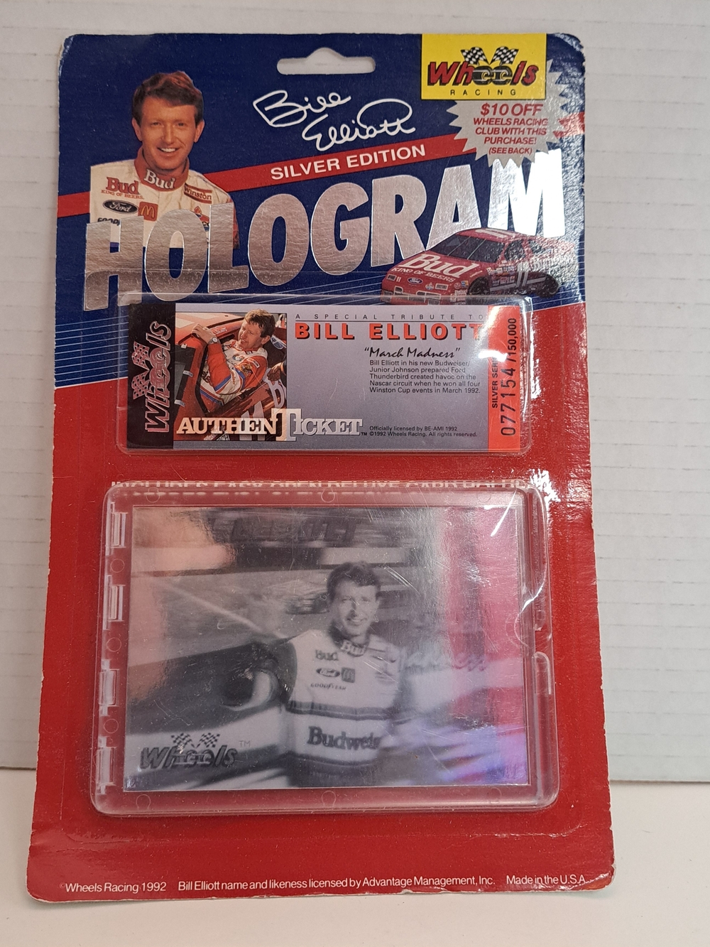Vintage 1992 Wheels Racing Bill Elliot Hologram Card & "AuthenTicket" Lot Of 3